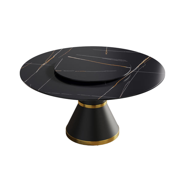 English Elm 59.05"Modern 59.05" Modern Round Dining Table With Black Carbon Steel Base & 31.5" Rotating Turntable For 6 W1535S00350