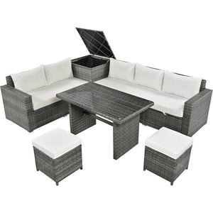 English Elm Topmax Outdoor Six Piece Pe Rattan Sectional Set with Storage and Glass Table N717S100005A