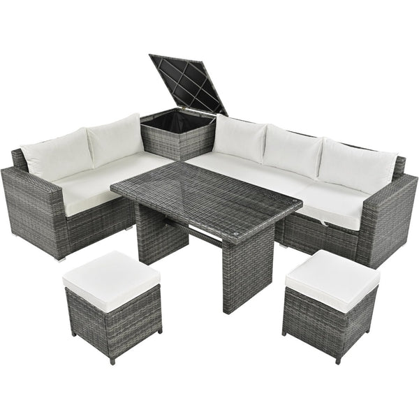 English Elm Topmax Outdoor Six Piece Pe Rattan Sectional Set with Storage and Glass Table N717S100005A