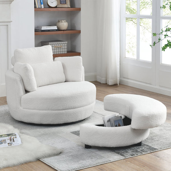 English Elm 39"W Oversized Swivel Chair with Moon Storage Ottoman, Round Plush Barrel Lounger for Cozy Living Ivory W83489911