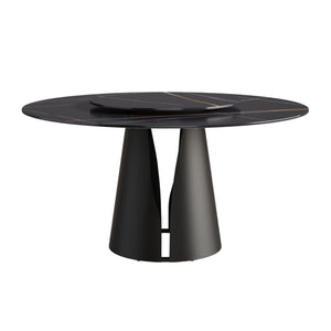 English Elm 59.05"Modern Round Dining Table With Black Carbon Steel Base & 31.5" Rotating Turntable For 6 Guests W1535S00351