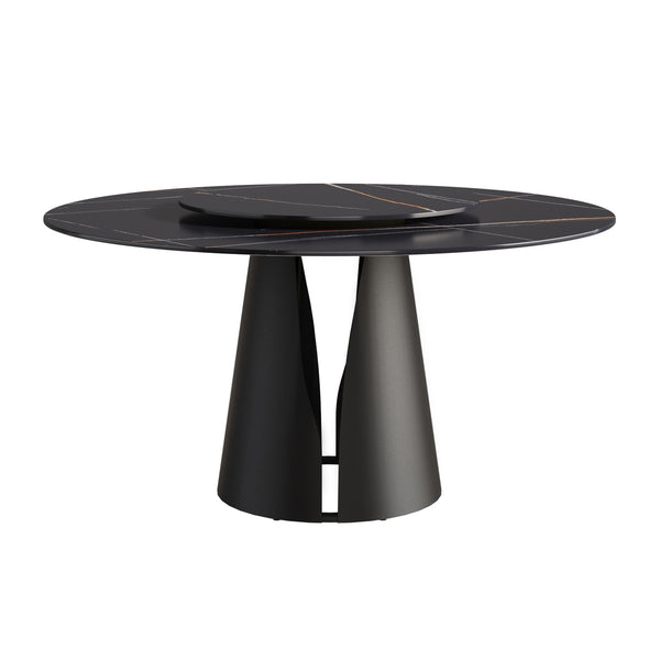 English Elm 59.05"Modern Round Dining Table With Black Carbon Steel Base & 31.5" Rotating Turntable For 6 Guests W1535S00351