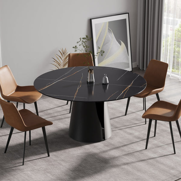 English Elm 59.05"Modern 59.05" Modern Round Dining Table With Sintered Stone Top & Black Carbon Steel Base - Seats 6 Comfortably W1535S00245