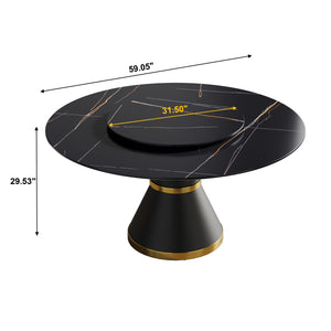 English Elm 59.05"Modern 59.05" Modern Round Dining Table With Black Carbon Steel Base & 31.5" Rotating Turntable For 6 W1535S00350
