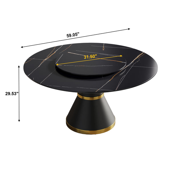 English Elm 59.05"Modern 59.05" Modern Round Dining Table With Black Carbon Steel Base & 31.5" Rotating Turntable For 6 W1535S00350
