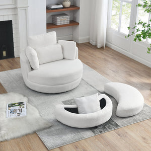 English Elm 39"W Oversized Swivel Chair with Moon Storage Ottoman, Round Plush Barrel Lounger for Cozy Living Ivory W83489911