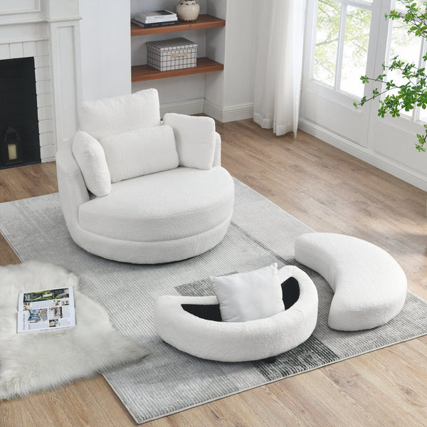 English Elm 39"W Oversized Swivel Chair with Moon Storage Ottoman, Round Plush Barrel Lounger for Cozy Living Ivory W83489911