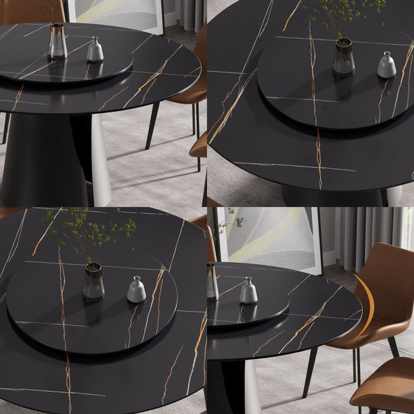 English Elm 59.05"Modern Round Dining Table With Black Carbon Steel Base & 31.5" Rotating Turntable For 6 Guests W1535S00351