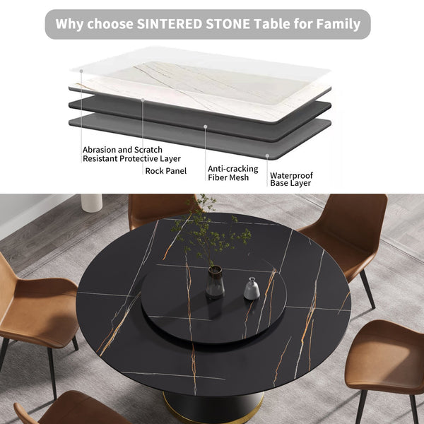 English Elm 59.05"Modern 59.05" Modern Round Dining Table With Black Carbon Steel Base & 31.5" Rotating Turntable For 6 W1535S00350