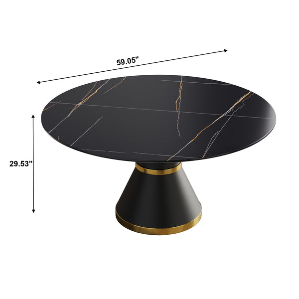 English Elm 59.05"Modern Round Dining Table With Sintered Stone Top & Black Carbon Steel Base - Seats 6 Comfortably W1535S00246