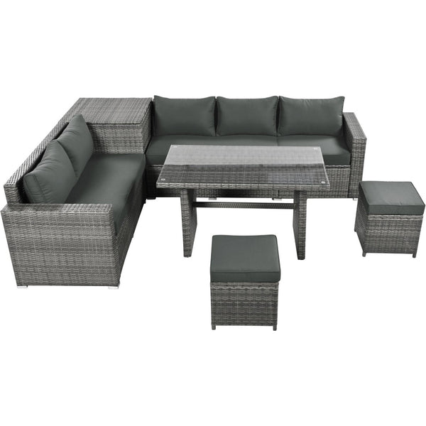 English Elm Topmax Outdoor Wicker Sectional Set with Storage Adjustable Seating and Tempered Glass Table Grey N717S100005E