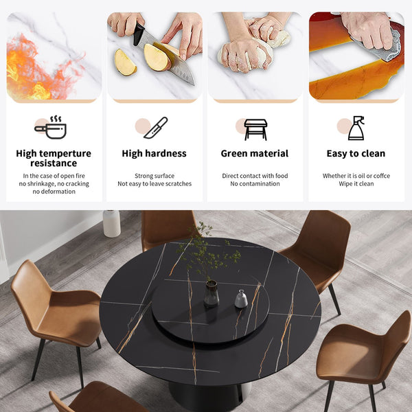 English Elm 59.05"Modern Round Dining Table With Black Carbon Steel Base & 31.5" Rotating Turntable For 6 Guests W1535S00351