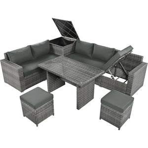 English Elm Topmax Outdoor Wicker Sectional Set with Storage Adjustable Seating and Tempered Glass Table Grey N717S100005E