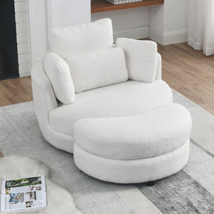 English Elm 39"W Oversized Swivel Chair with Moon Storage Ottoman, Round Plush Barrel Lounger for Cozy Living Ivory W83489911