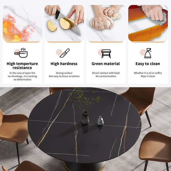 English Elm 59.05"Modern Round Dining Table With Sintered Stone Top & Black Carbon Steel Base - Seats 6 Comfortably W1535S00246