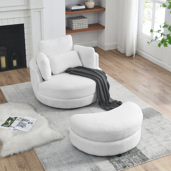 English Elm 39"W Oversized Swivel Chair with Moon Storage Ottoman, Round Plush Barrel Lounger for Cozy Living Ivory W83489911