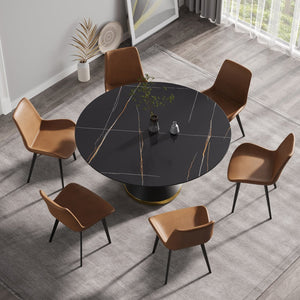 English Elm 59.05"Modern Round Dining Table With Sintered Stone Top & Black Carbon Steel Base - Seats 6 Comfortably W1535S00246