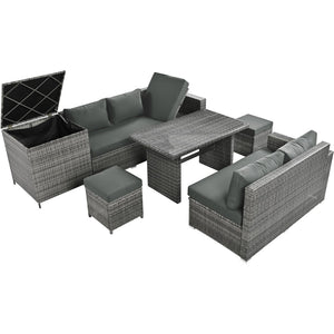 English Elm Topmax Outdoor Wicker Sectional Set with Storage Adjustable Seating and Tempered Glass Table Grey N717S100005E