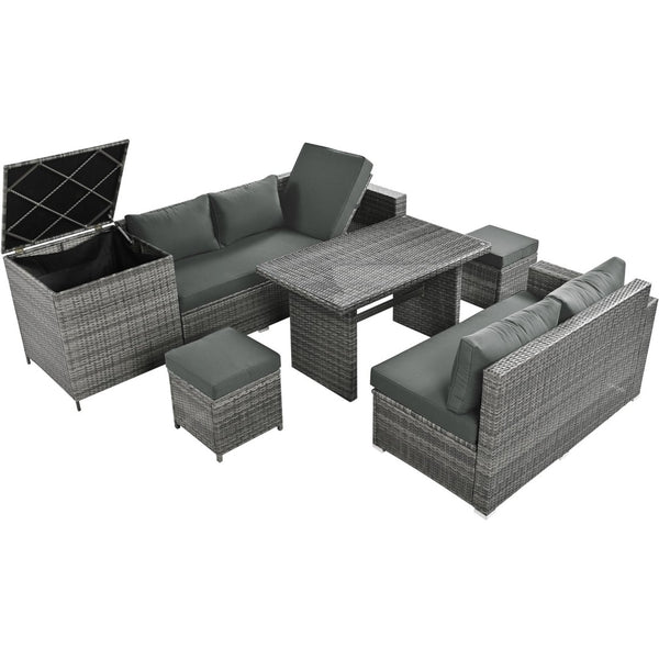 English Elm Topmax Outdoor Wicker Sectional Set with Storage Adjustable Seating and Tempered Glass Table Grey N717S100005E
