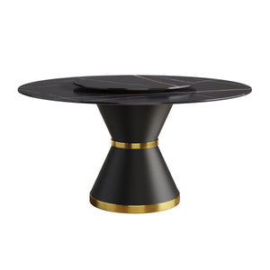 English Elm 59.05"Modern 59.05" Modern Round Dining Table With Black Carbon Steel Base & 31.5" Rotating Turntable For 6 W1535S00350