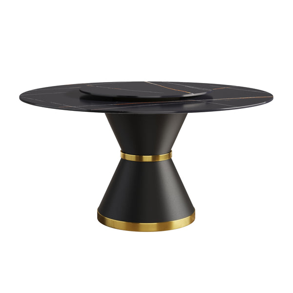 English Elm 59.05"Modern 59.05" Modern Round Dining Table With Black Carbon Steel Base & 31.5" Rotating Turntable For 6 W1535S00350