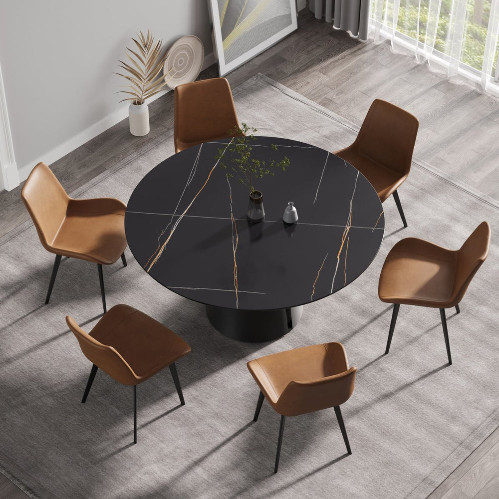 English Elm 59.05"Modern 59.05" Modern Round Dining Table With Sintered Stone Top & Black Carbon Steel Base - Seats 6 Comfortably W1535S00245