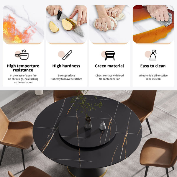 English Elm 59.05"Modern 59.05" Modern Round Dining Table With Black Carbon Steel Base & 31.5" Rotating Turntable For 6 W1535S00350