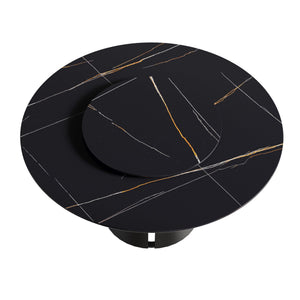 English Elm 59.05"Modern Round Dining Table With Black Carbon Steel Base & 31.5" Rotating Turntable For 6 Guests W1535S00351