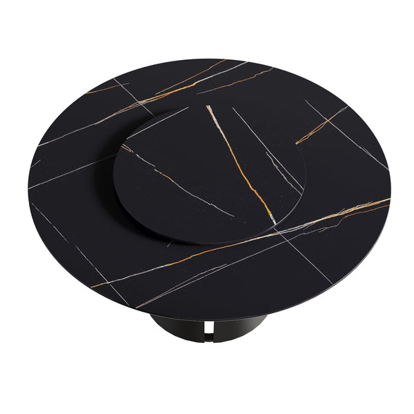 English Elm 59.05"Modern Round Dining Table With Black Carbon Steel Base & 31.5" Rotating Turntable For 6 Guests W1535S00351