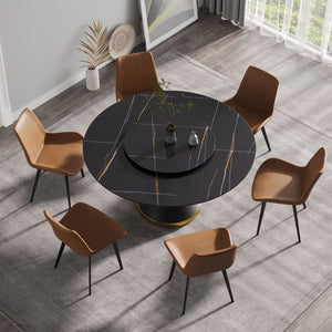 English Elm 59.05"Modern 59.05" Modern Round Dining Table With Black Carbon Steel Base & 31.5" Rotating Turntable For 6 W1535S00350