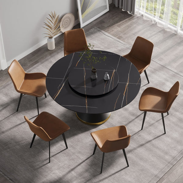 English Elm 59.05"Modern 59.05" Modern Round Dining Table With Black Carbon Steel Base & 31.5" Rotating Turntable For 6 W1535S00350
