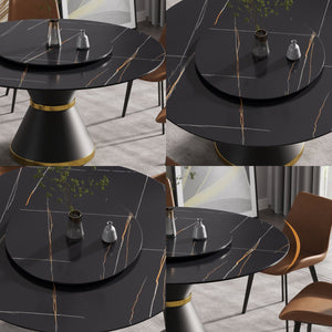 English Elm 59.05"Modern 59.05" Modern Round Dining Table With Black Carbon Steel Base & 31.5" Rotating Turntable For 6 W1535S00350