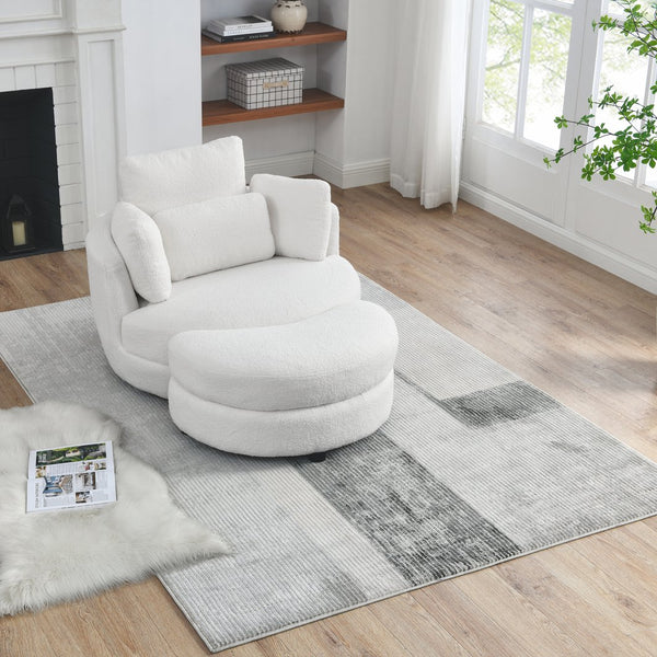 English Elm 39"W Oversized Swivel Chair with Moon Storage Ottoman, Round Plush Barrel Lounger for Cozy Living Ivory W83489911