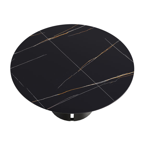 English Elm 59.05"Modern 59.05" Modern Round Dining Table With Sintered Stone Top & Black Carbon Steel Base - Seats 6 Comfortably W1535S00245