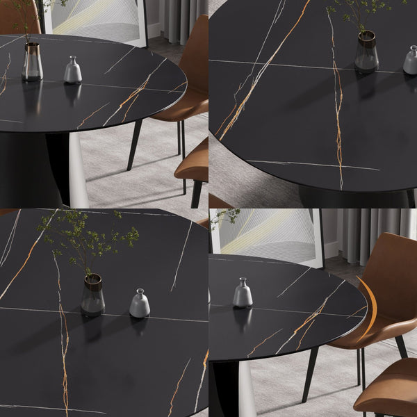 English Elm 59.05"Modern 59.05" Modern Round Dining Table With Sintered Stone Top & Black Carbon Steel Base - Seats 6 Comfortably W1535S00245