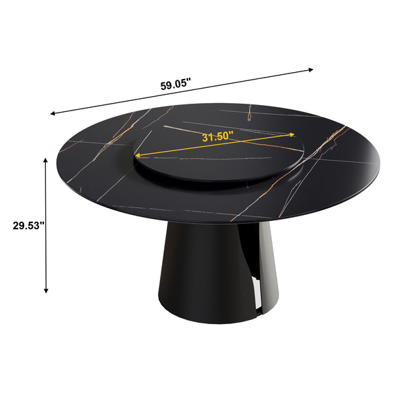 English Elm 59.05"Modern Round Dining Table With Black Carbon Steel Base & 31.5" Rotating Turntable For 6 Guests W1535S00351