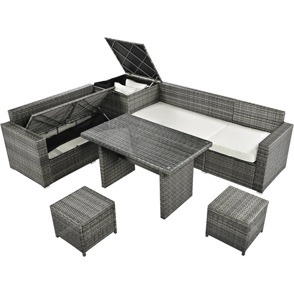 English Elm Topmax Outdoor Six Piece Pe Rattan Sectional Set with Storage and Glass Table N717S100005A