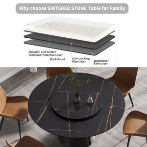English Elm 59.05"Modern Round Dining Table With Black Carbon Steel Base & 31.5" Rotating Turntable For 6 Guests W1535S00351
