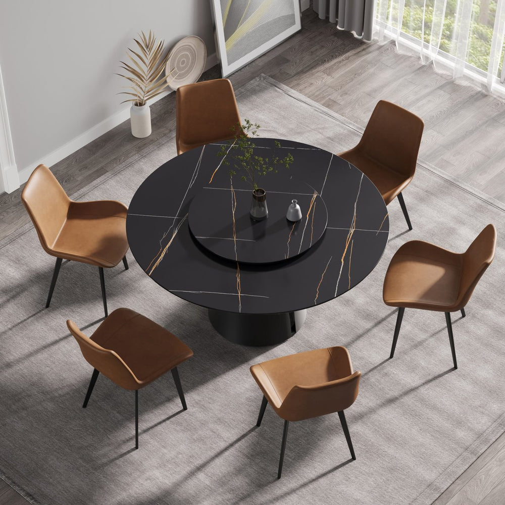 English Elm 59.05"Modern Round Dining Table With Black Carbon Steel Base & 31.5" Rotating Turntable For 6 Guests W1535S00351