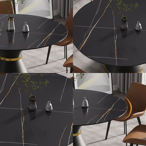 English Elm 59.05"Modern Round Dining Table With Sintered Stone Top & Black Carbon Steel Base - Seats 6 Comfortably W1535S00246