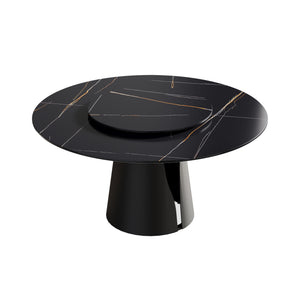 English Elm 59.05"Modern Round Dining Table With Black Carbon Steel Base & 31.5" Rotating Turntable For 6 Guests W1535S00351