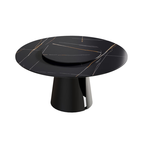 English Elm 59.05"Modern Round Dining Table With Black Carbon Steel Base & 31.5" Rotating Turntable For 6 Guests W1535S00351