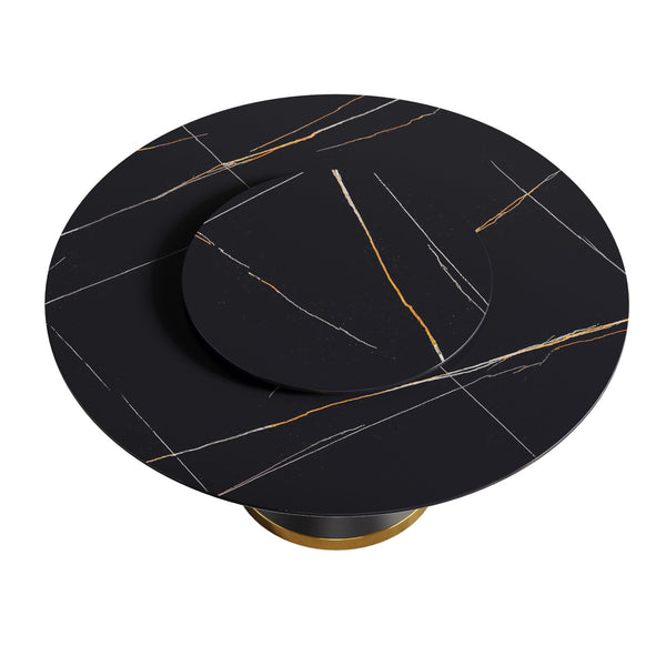 English Elm 59.05"Modern 59.05" Modern Round Dining Table With Black Carbon Steel Base & 31.5" Rotating Turntable For 6 W1535S00350