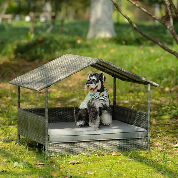 English Elm Dog Dark Grey PE Wicker Pet Bed with Canopy - Durable Metal Frame, 2" Plush Polyester Cushion, Outdoor Patio-Friendly W1703P188889