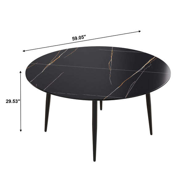 English Elm 59.05"Modern Round Black Metal Dining Table - Seats 6, Durable Sintered Stone Top, Stylish Design W1535S00248