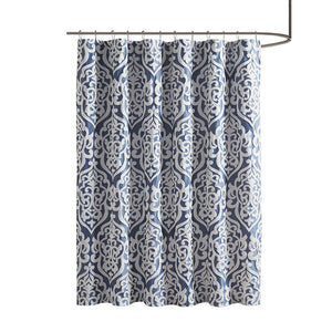 English Elm Jacquard Shower Curtain – Elegant Silver Damask On Navy Jacquard, Luxurious Texture For Your Bathroom! B03598657