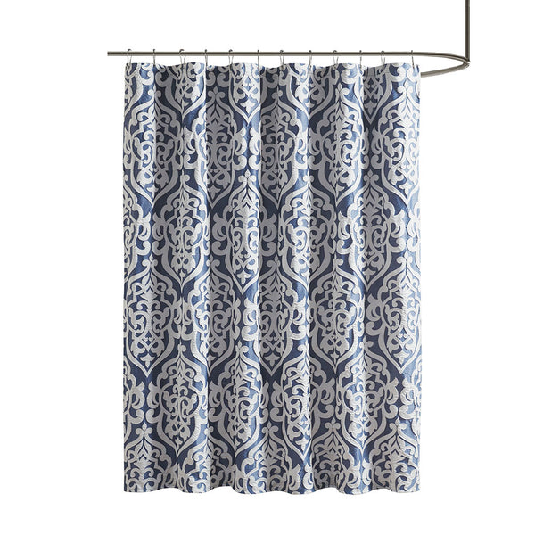 English Elm Jacquard Shower Curtain – Elegant Silver Damask On Navy Jacquard, Luxurious Texture For Your Bathroom! B03598657