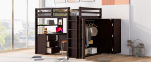 English Elm Full Size Loft Bed with Desk Wardrobe and Drawers Pine Wood Teen Bedroom Espresso LT000302AAP-1