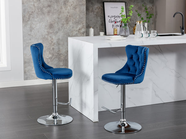 English Elm Swivel Velvet Barstools with Tufted Back and Waist Support, Adjustable 25–33" Height, Chrome Base Blue W1143P309420