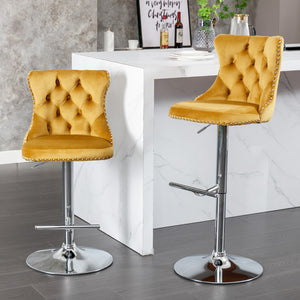 English Elm A&A Velvet Swivel Barstool with Back, Adjustable 25–33" Height, Tufted Upholstery & Chrome Base Gold W114383662